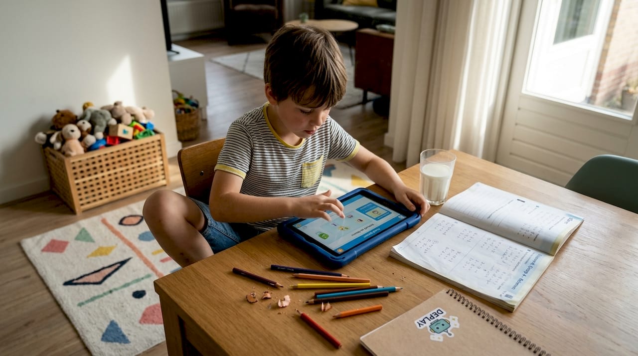 Een jongen zit aan de eettafel en werkt op zijn educatieve tablet.