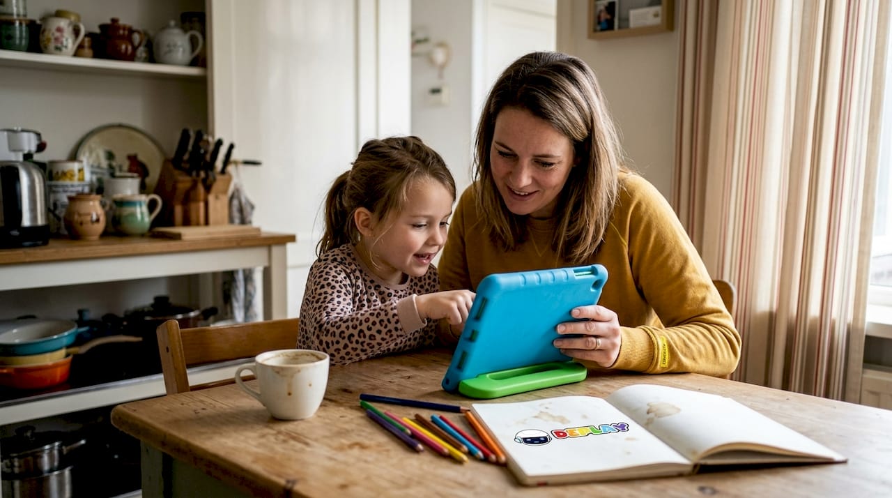 Aan de keukentafel zitten moeder en haar kind samen naar een tablet te kijken.
