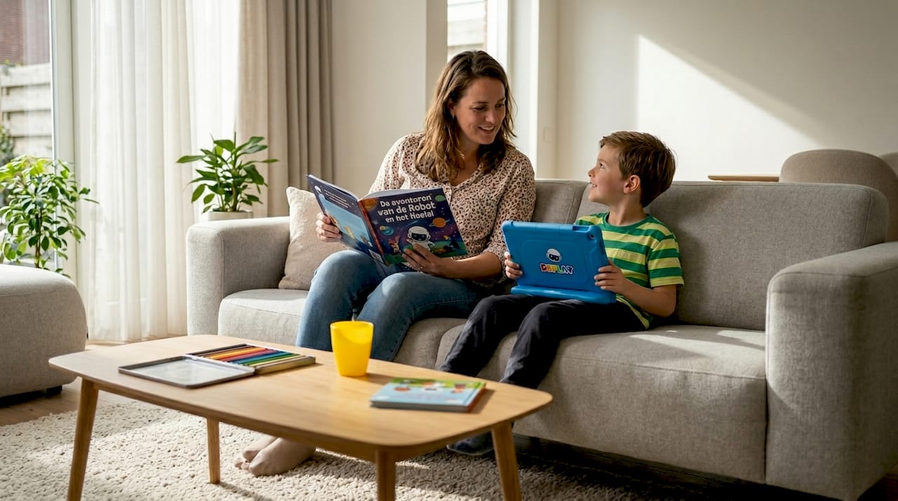 Moeder en zoon samen op de bank tijdens schermtijd in de woonkamer