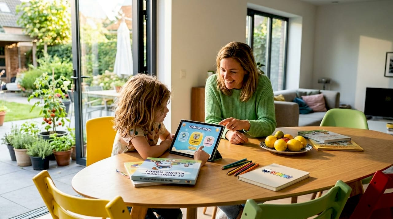 Een ouder en kind zitten samen aan de keukentafel en gebruiken daar een tablet.
