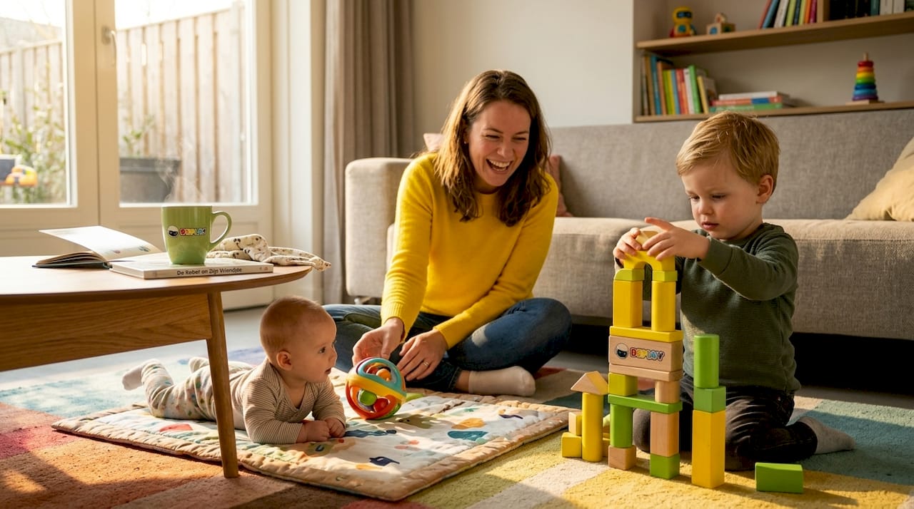 Een ouder zit gezellig op het kleed en speelt samen met zijn baby en peuter.