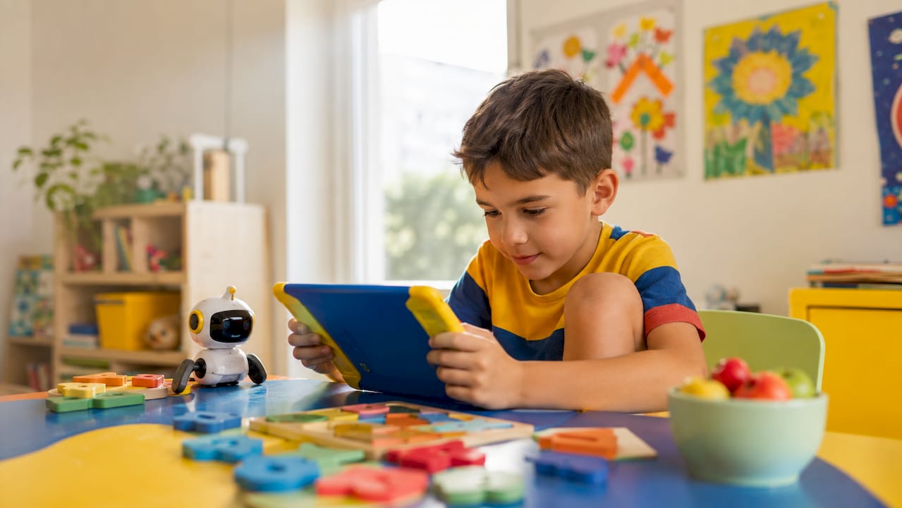 Een kind zit aan de keukentafel te spelen op een tablet speciaal voor kinderen.