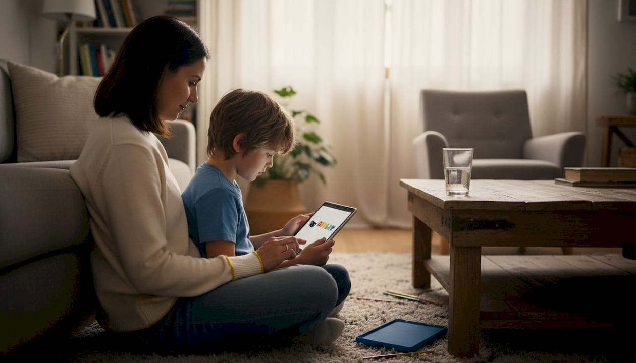 Samen met haar kind richt moeder de tablet kindvriendelijk in