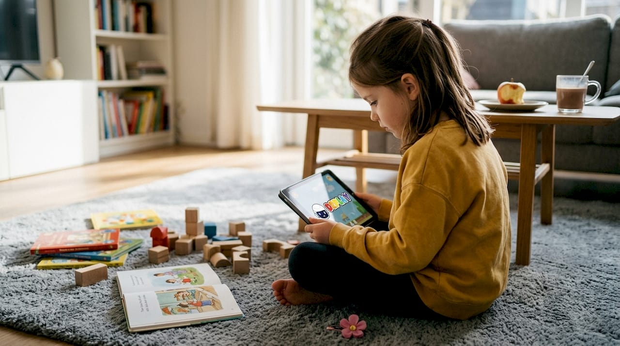 Een meisje zit in de woonkamer te spelen op haar tablet.