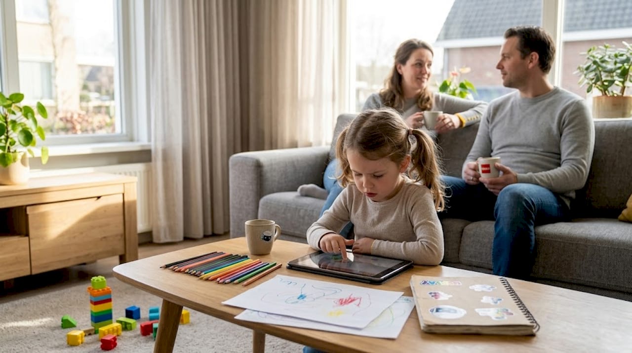 Een kind zit ontspannen met een tablet in een zonnige, lichte woonkamer.