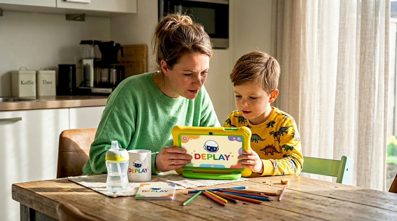 Een ouder en kind zijn samen bezig met een leerzaam spel op de tablet.