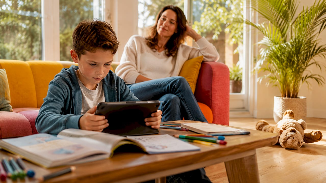 Een moeder helpt haar kind thuis met leren op de tablet.