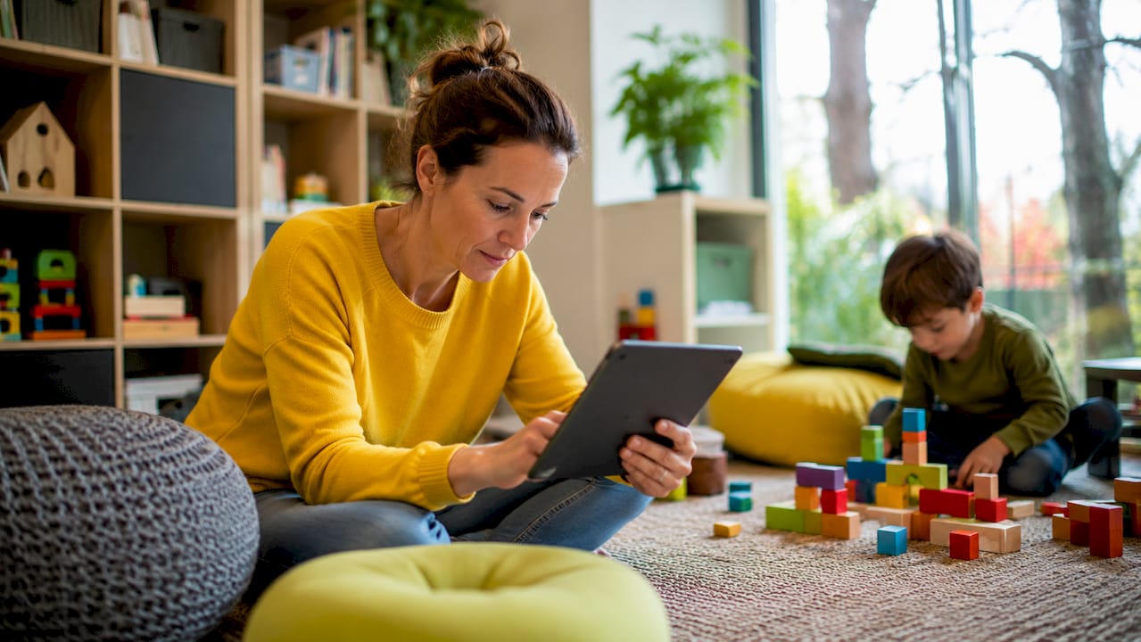Een vrouw zorgt ervoor dat het kinderaccount op haar tablet goed beveiligd is.