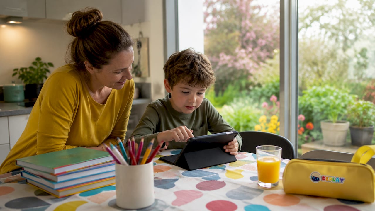 Aan de keukentafel ondersteunt een moeder haar kind bij het online huiswerk maken.