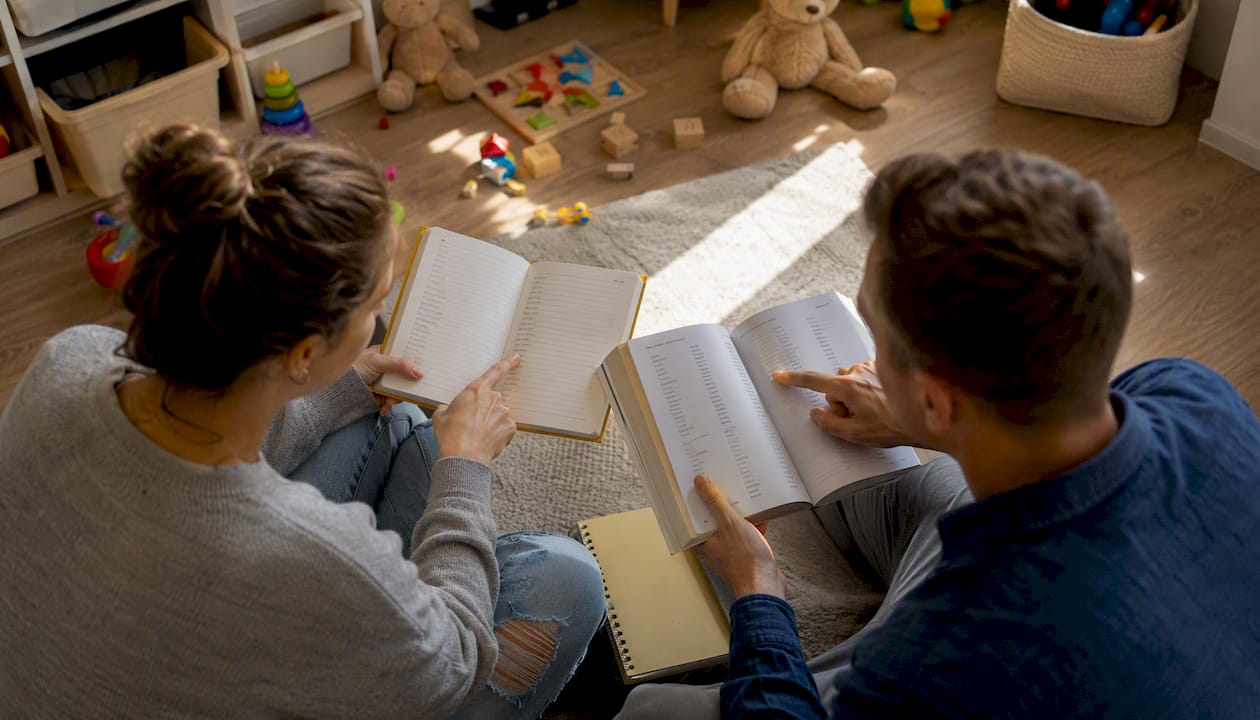 Een stel zit samen aan tafel en overlegt over mogelijke namen voor hun baby.
